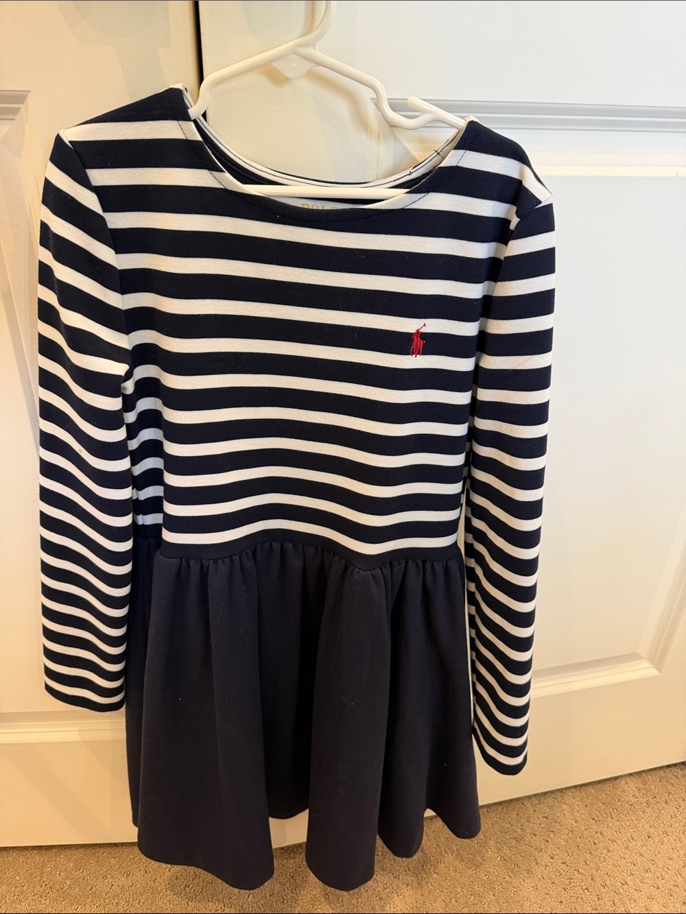 Ralph Lauren Navy & White Striped Peplum Dress with Red Pony